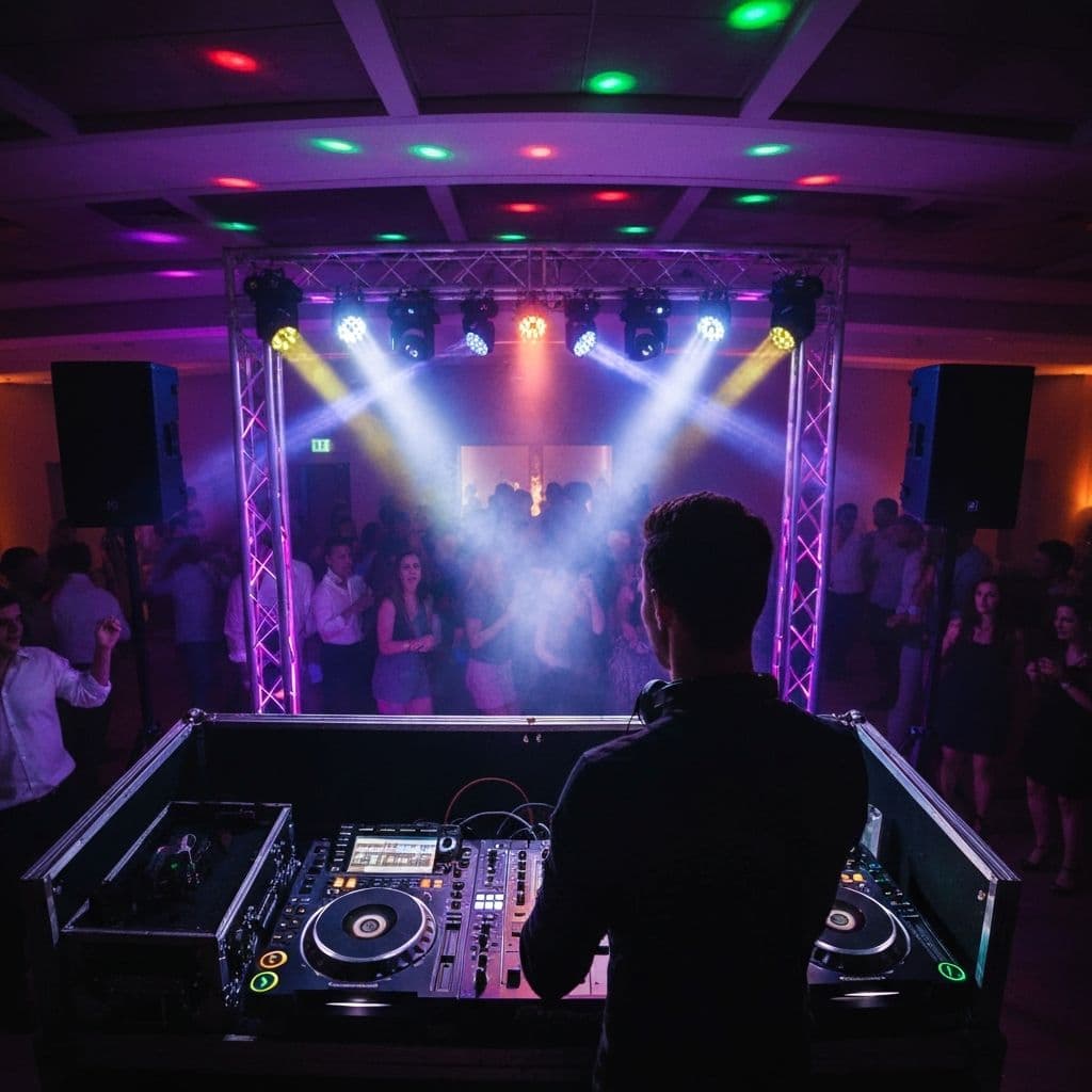 Montaje de DJ con sonido e iluminación LED durante una celebración