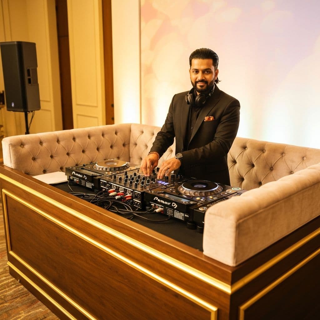 Montaje de DJ con iluminación dorada durante una boda