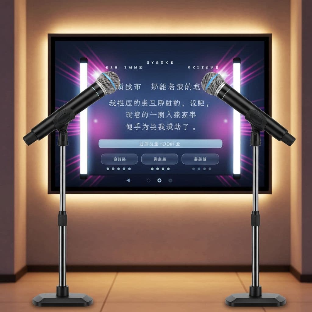 Pantalla y micrófonos de karaoke preparados